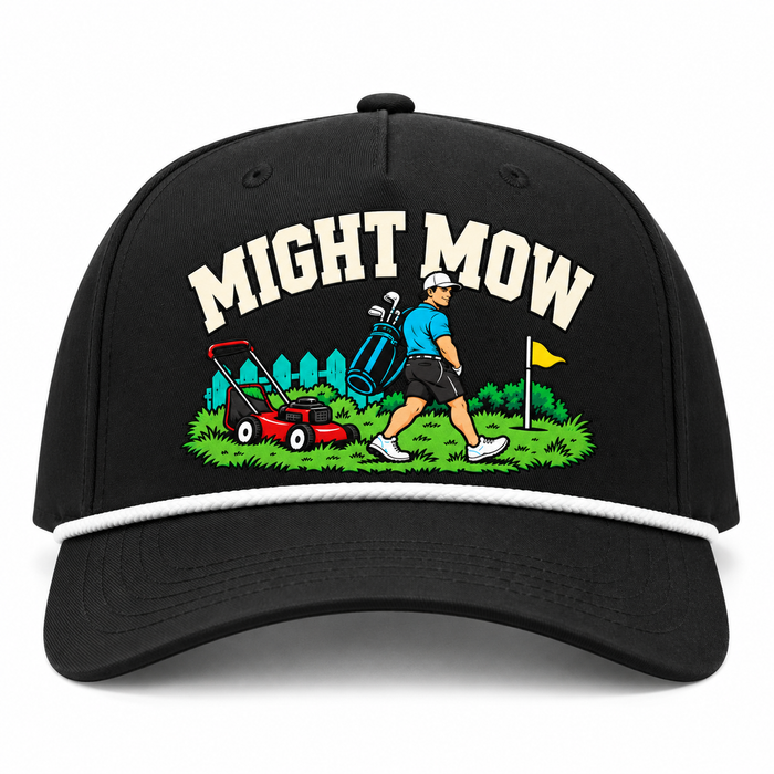 Might Mow artwork on black golf hat with white rope