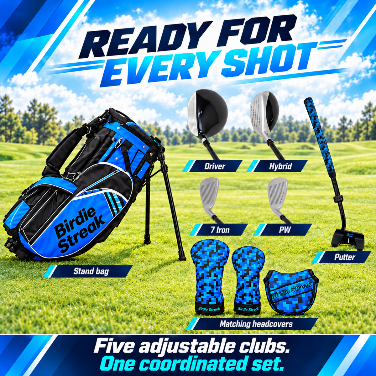 Birdie Streak adjustable junior golf set – Set contents