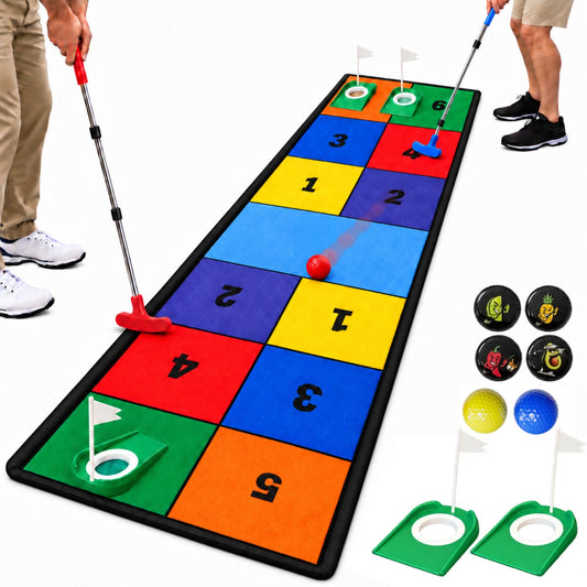 Capture the Cup multicolor putting game with two adjustable red and blue putters