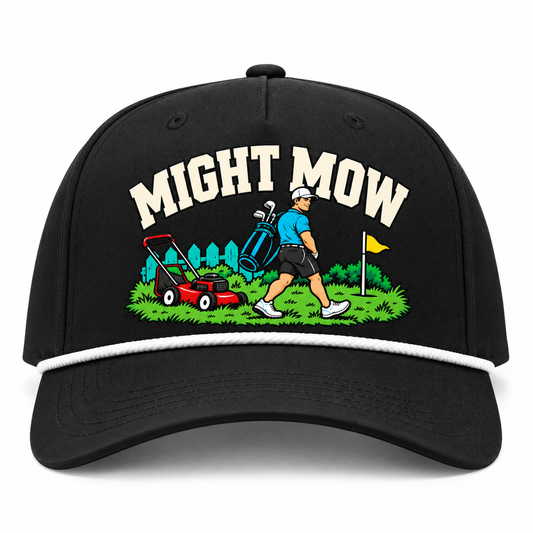 Might Mow artwork on black golf hat with white rope